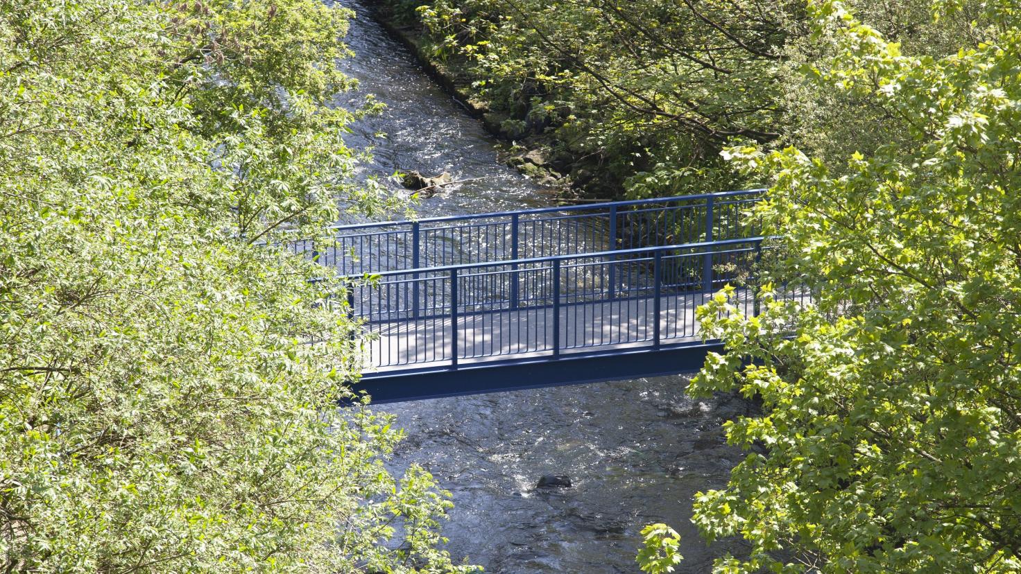 A view from above of pedestrian bridge over a running river, with trees on either side.