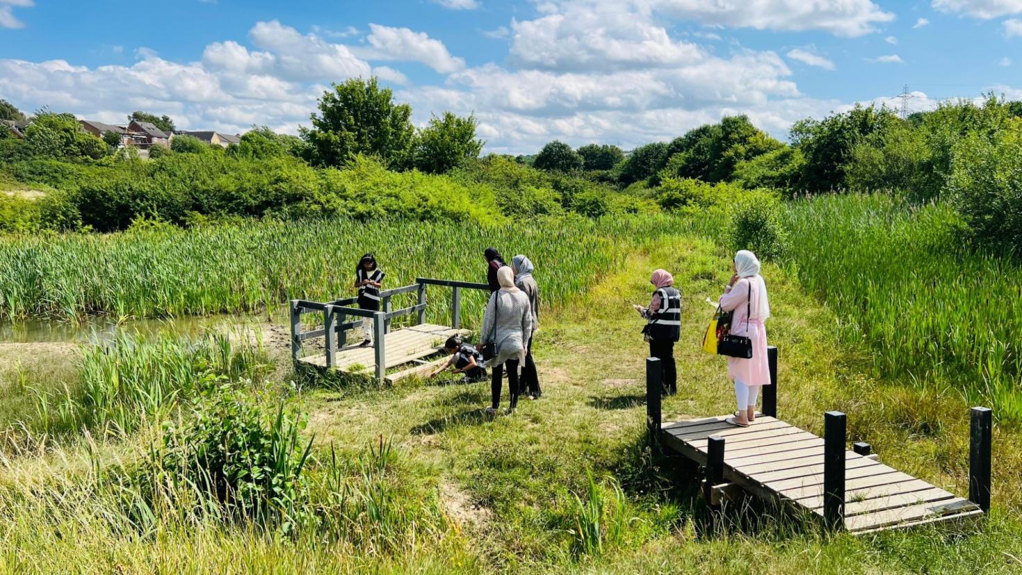 Seven people standing on a wooden jetty in a green space