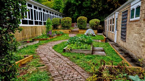 A garden area with paving and planters in between two single-storey buildings.