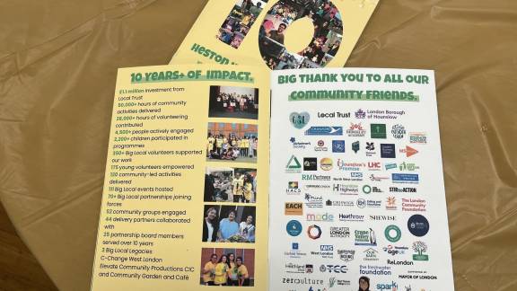 An open leaflet on a table showing attractive pictures and logos.