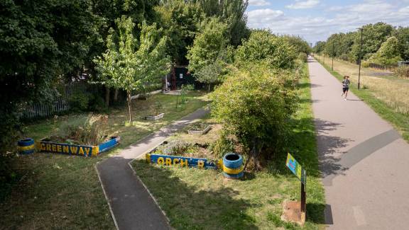 Wide paths surrounded by trees and grassy spaces.