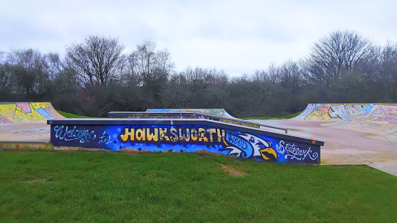 A concrete skatepark in a park setting, with colourful murals on the walls.