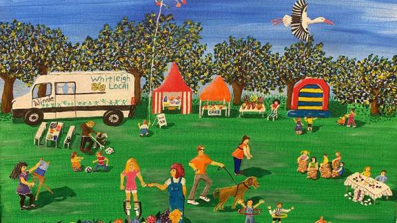 Painting showing a community fun day in a green space with Whitleigh Big Local minibus, stalls, bouncy castle and litter picking.