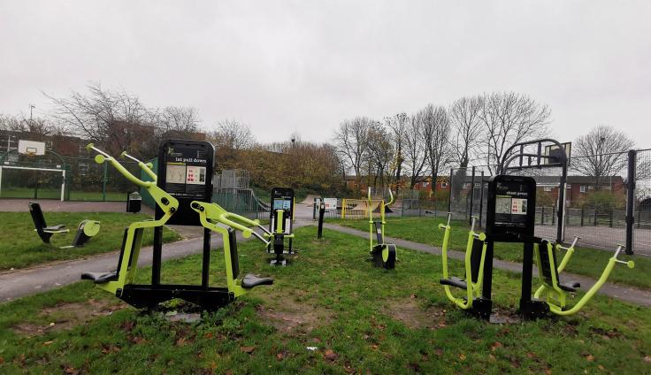 Outdoor gym equipment in a grassed area, surrounded by bare wintry trees.