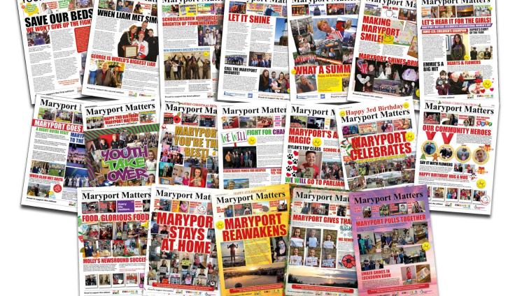 Nineteen different front pages of the 'Maryport Matters' newsletter.