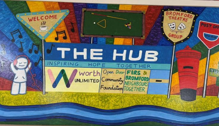 A colourful banner featuring the words 'The Hub' in the centre with the names of different groups underneath.