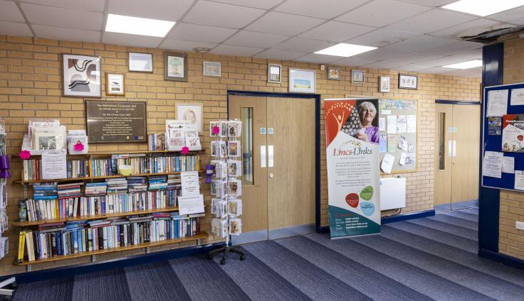 A horizontal bookshelf in a room with a blue carpet and plaques on the brick wall.