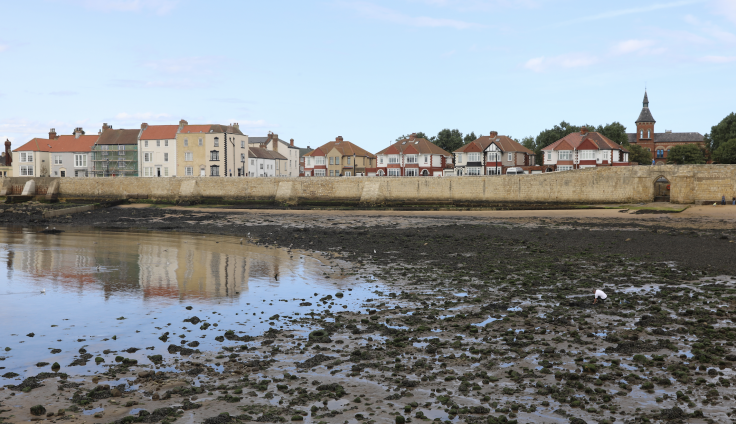 A British coastal town viewed at low tide, with Georgian and Victorian buildings lining a historic stone sea wall. The foreground shows an exposed muddy beach scattered with rocks and seaweed, with shallow tidal pools reflecting the sky and buildings. The architecture includes white, cream, and red-roofed houses of varying heights, with a distinctive clock tower or church spire visible on the right side.
