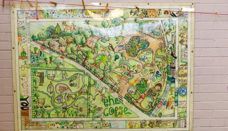 A colourful hand-drawn map of the Newington area.