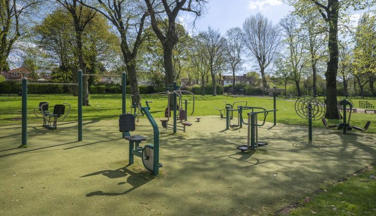 Outdoor gym equipment in a shady area under bare winter trees.
