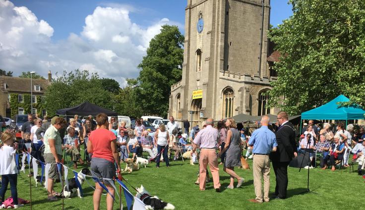 A crowd of adults and children sit and stand on a village green. Some people are showing off their dogs. There is a church spire in the background, a blue gazebo and a black gazebo, trees and houses.