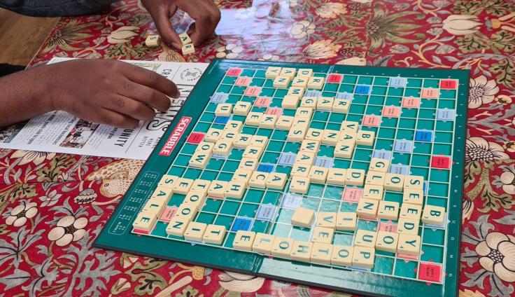 A Scrabble board mid-play.