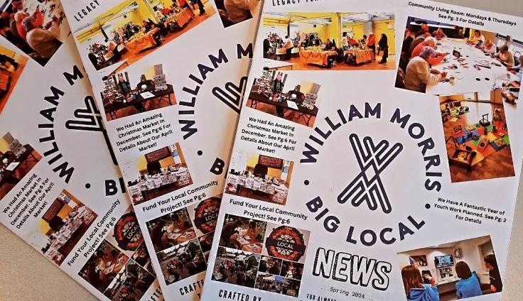 Three newsletters fanned out with the words 'William Morris Big Local' in the centre of the front page.