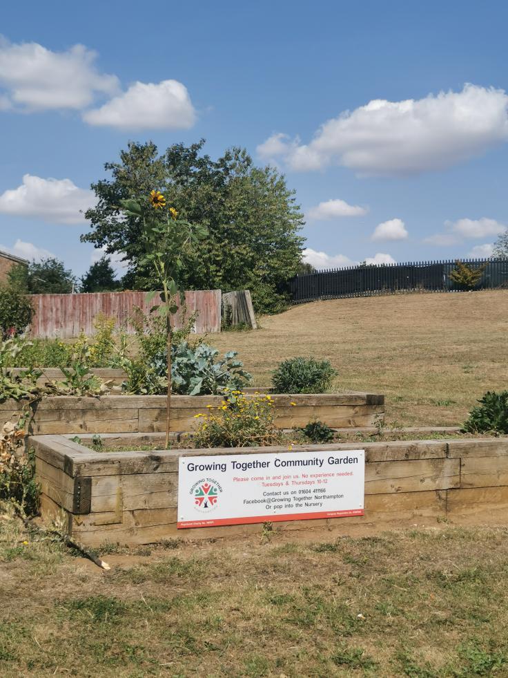 Wooden planters with a sign that reads 'Growing Together Community Garden' situated in an open green space