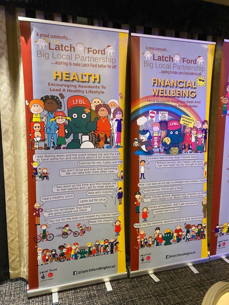 Two notice boards displaying colourful posters.