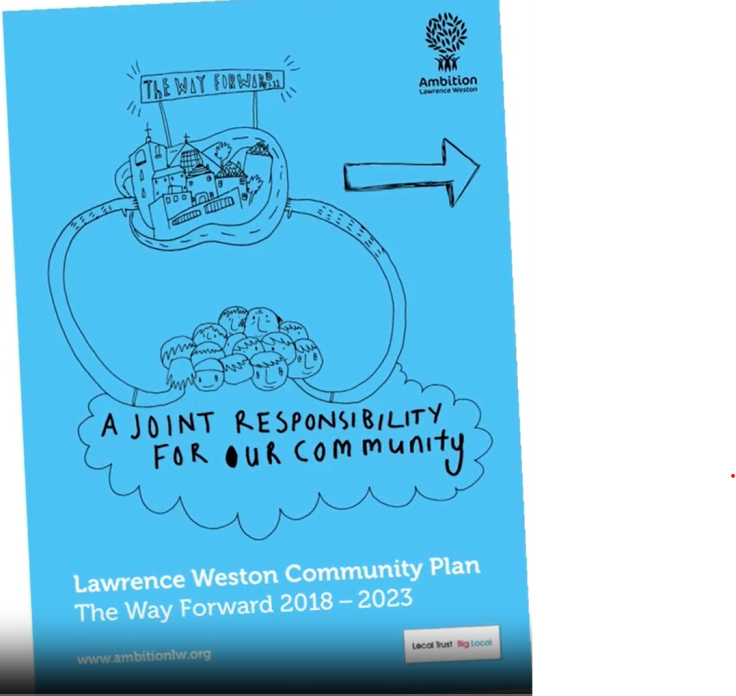 Front cover of a document reading "Lawrence Weston community plan: The way forward 2018-2023" with a drawing of a group of people connected by long arms to a cluster of buildings surrounded by a road. There is an illustrated slogan underneath the group of people, reading "a joint responsibility for our community".