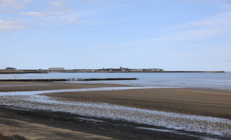 A expansive beach scene at low tide with wet sand reflecting the cloudy blue sky. In the foreground, gentle waves wash onto the shore, creating foam patterns on the dark sand. The middle distance shows remnants of wooden groynes or breakwaters - vertical timber posts that extend into the water to prevent coastal erosion. On the horizon, a low-lying coastal town or settlement is visible as a thin line of buildings beneath the vast sky.