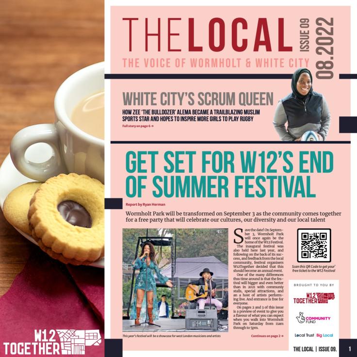 A cup of tea with biscuits and a pink and colourful newsletter reading 'The Local'.