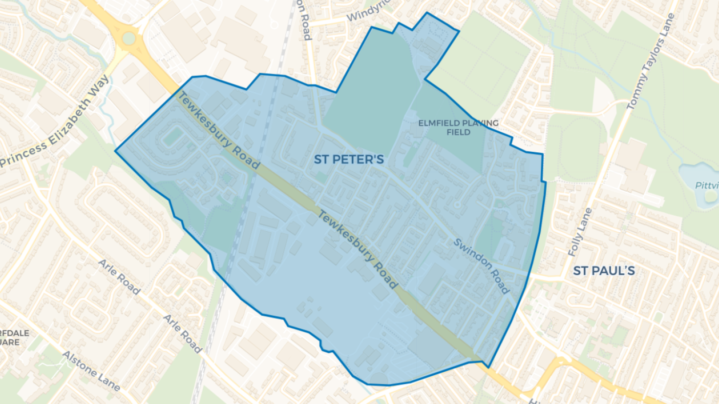 Simple map showing the outline of the St Peter's and the Moors Big Local area.