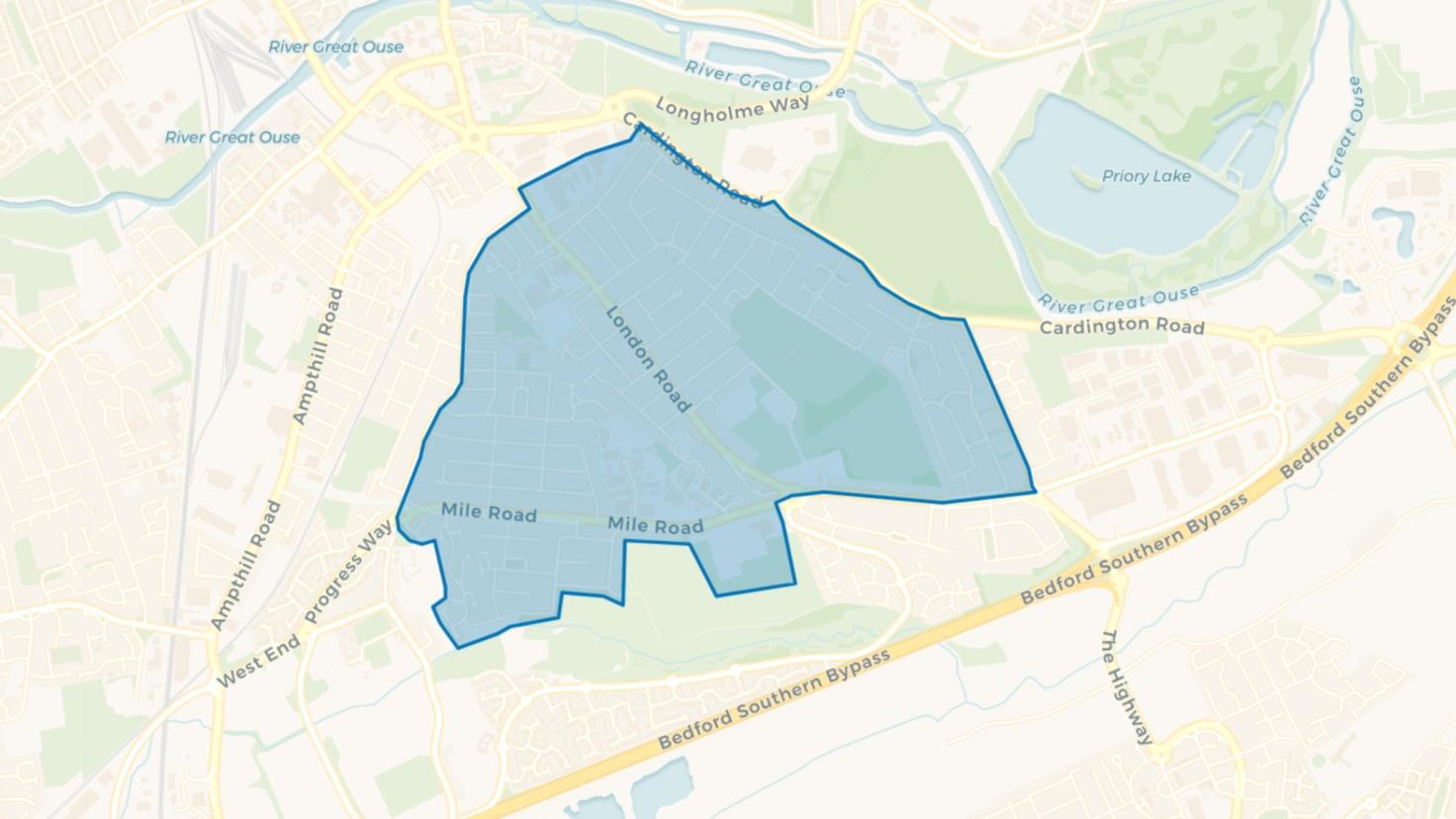 Simple map showing the outline of the Kingsbrook and Cauldwell Big Local area.