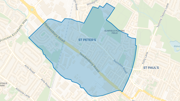 Simple map showing the outline of the St Peter's and the Moors Big Local area.